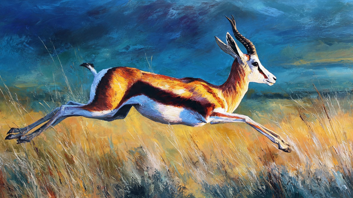 Springbok in Full Leap African Wildlife Painting