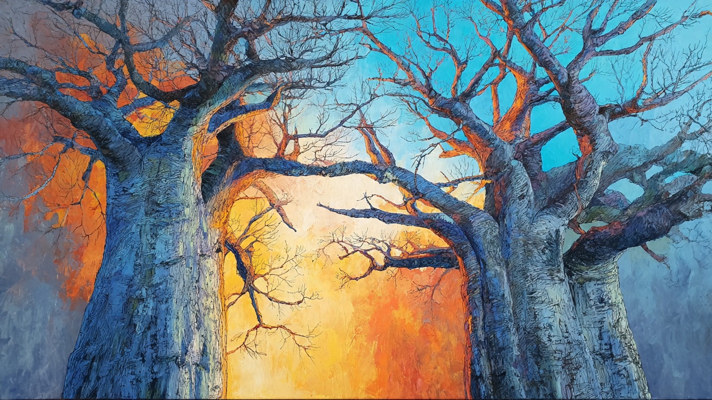 Ancient Baobab Trees at Sunset African Landscape Painting