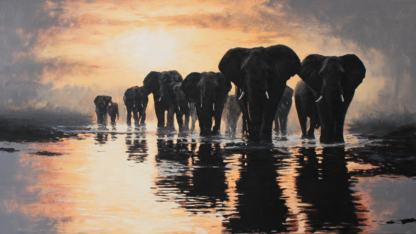 Elephant Herd Crossing at Sunset Wildlife Painting