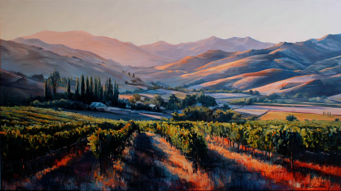 Sunset Vineyard Valley Landscape Painting