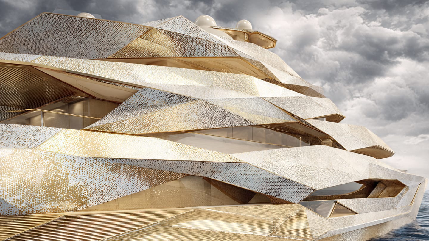 Futuristic Gold Faceted Superyacht Architectural