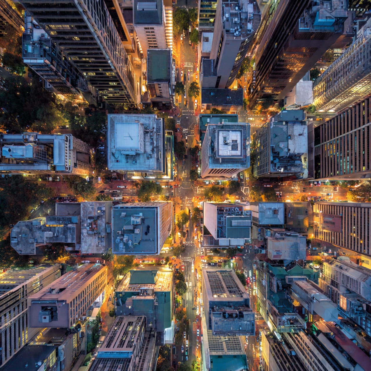Aerial Night Cityscape Downtown Intersection