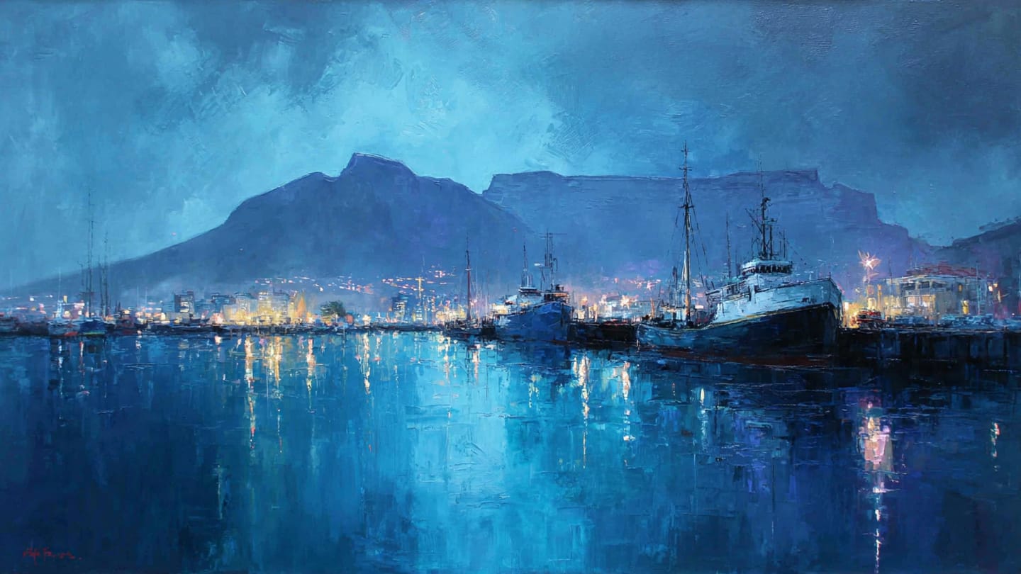 Cape Town Harbour at Dusk with Table Mountain Oil Painting
