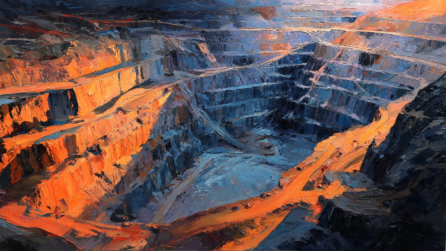 Open Pit Mine at Sunset Industrial Landscape Painting