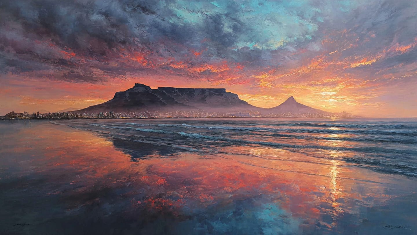 Table Mountain Sunset Over Cape Town Seascape Painting
