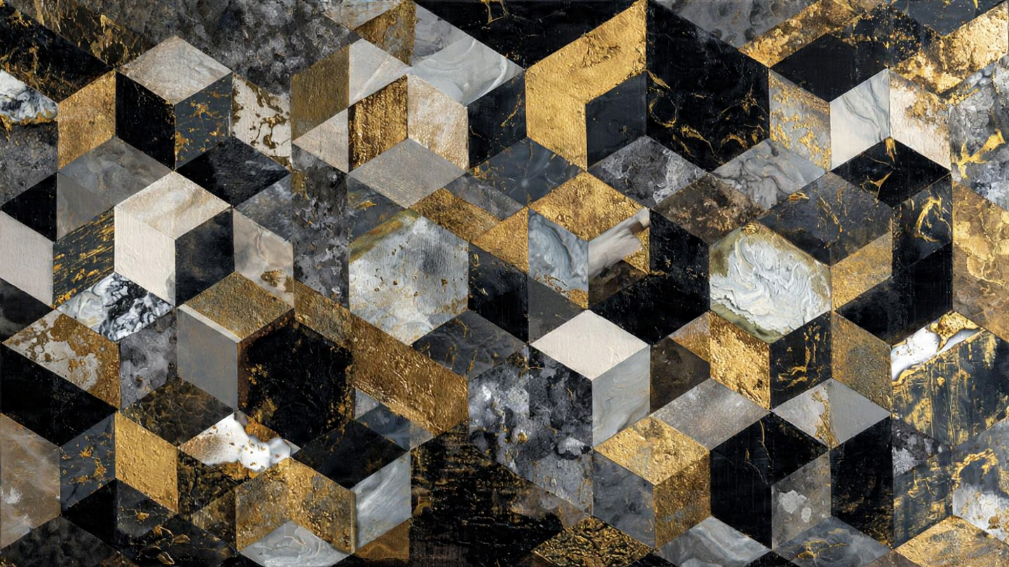 Geometric Gold & Marble Cube Abstract Wall Art